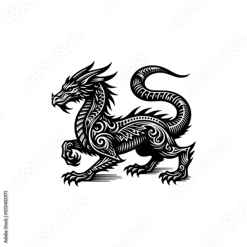 Tribal Dragon Vector Illustration Mythical Creature in Black and White Tattoo Style with Ornamental Swirls and Wing Details