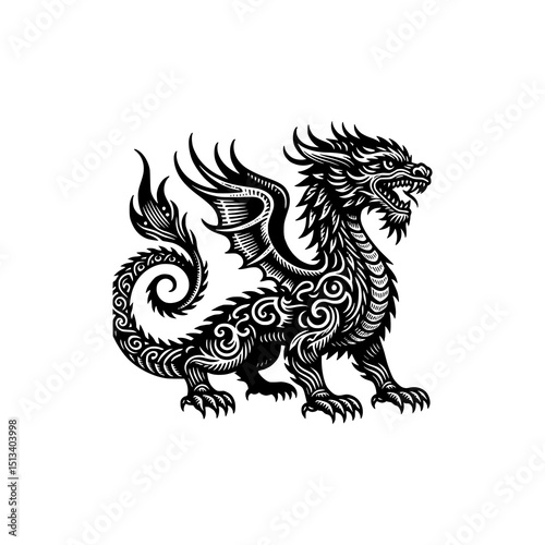 Tribal Dragon Vector Illustration Mythical Creature in Black and White Tattoo Style with Ornamental Swirls and Wing Details