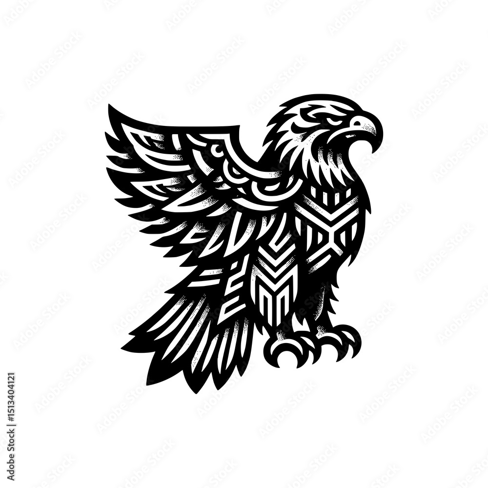 Obraz premium Tribal Eagle Vector Illustration Fierce Flying Bird in Black and White Tattoo Style with Ornamental Wing Patterns