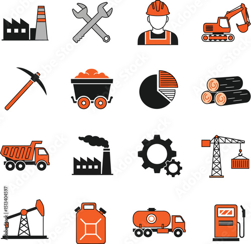 Industrial icons collection featuring factories oil mining and transportation elements