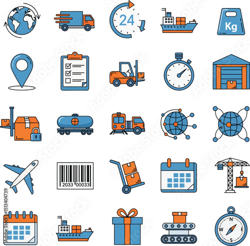 Logistics and shipping icons set illustrating global transportation and supply chain processes