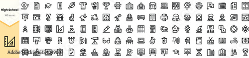 A diverse set of high school-themed icons showcasing various aspects of education, activities, and facilities in a clean, monochromatic design.
