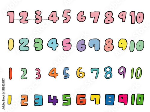 手書き文字セット　数字　カラフル