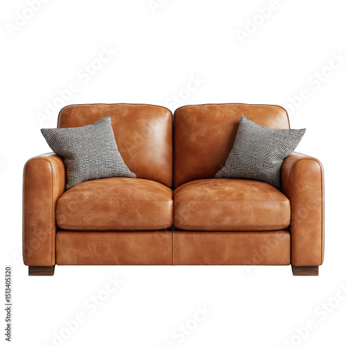 Tan leather loveseat with gray pillows
