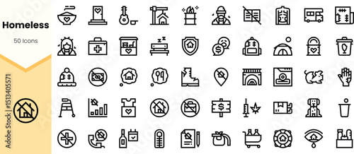 A diverse collection of icons representing homelessness themes, including shelters, healthcare, and community support, depicted in a minimalist line style.