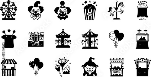 Collection of carnival icons in a 6x6 grid arrangement featuring symbols like a ferris wheel clown popcorn and magician hat
