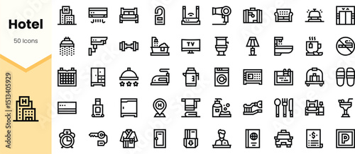 A collection of minimalistic hotel icons, showcasing various amenities and services like beds, cleaning tools, and dining options, perfect for hospitality design.