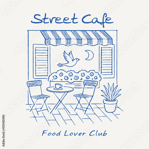 French vintage coffee shop sketch, old street cafe illustration, vacation t shirt design, vintage street cafe illustration with typography, old American street cafe artwork for t-shirt