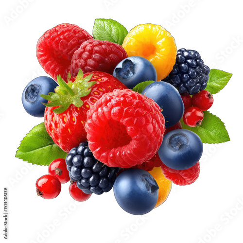 Vibrant cluster of various berries, including raspberries, blueberries, blackberries, strawberries, and currants, highlighted against a black background