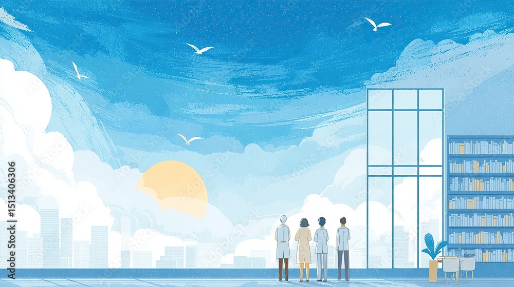 Fototapeta premium Doctors observe cityscape. Bright, sunny day, with cloud formations. Calm, peaceful scene, birds in sky.