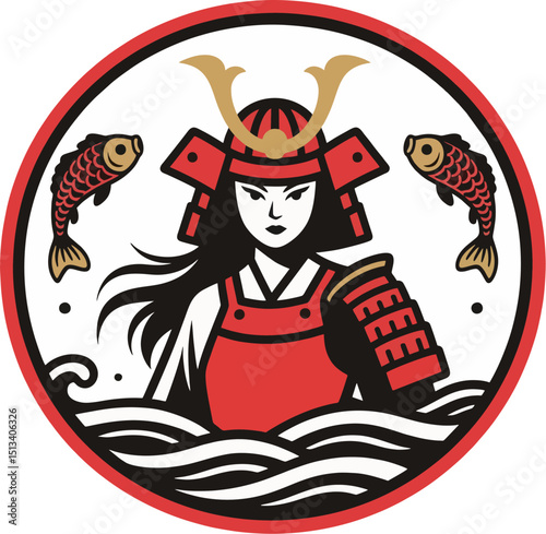 Female Samurai Warrior with Koi Fish and Waves – Japanese Vector Art