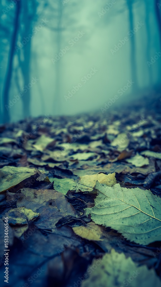 Fototapeta premium Fallen Leaves on Forest Floor in Misty Woods A Close Up View.