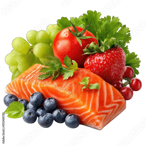 Fresh salmon and colorful fruits and vegetables