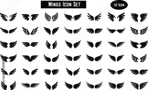 Set of black and white vector icons with floral, tribal, vintage, and tattoo design elements including wings, skulls, leaves, and ornamental patterns for decoration and illustration