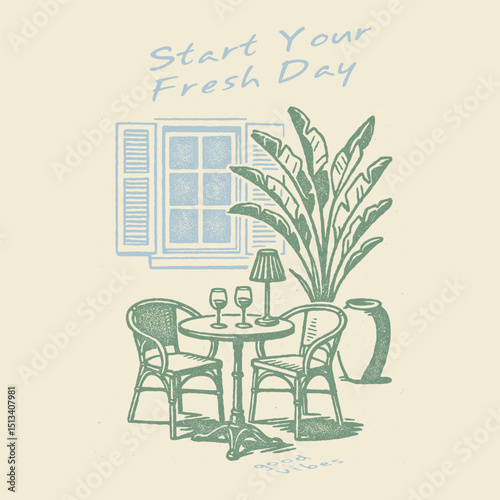 Vintage street cafe illustration with typography for t-shirt, poster graphic print, vintage coffee shop with table and chair sketch, Paris local food artwork. Retro vintage artwork for t-shirt