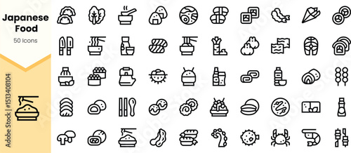 A diverse collection of line icons showcasing various Japanese food items, including sushi, ramen, and desserts, perfect for culinary design projects.