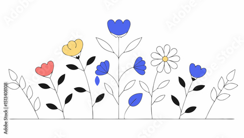 Vibrant Spring Flowers A Delightful Line Art Illustration of Blooming Flora