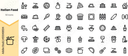 A diverse collection of Italian food icons, featuring pasta, pizza, desserts, and beverages, all illustrated with a clean, minimal style.