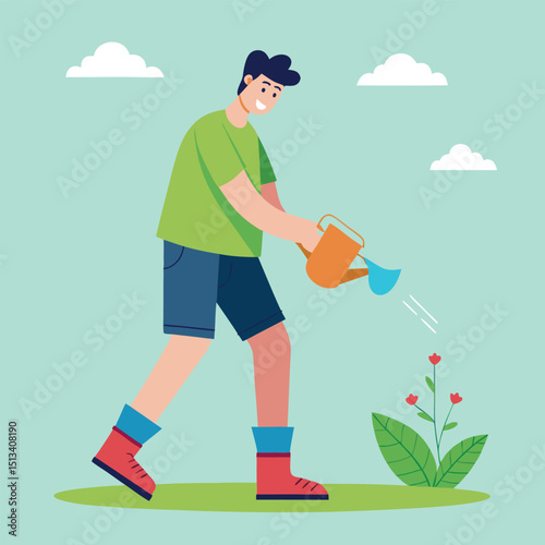 Socks with Sandals Dad Watering Lawn Vector Illustration