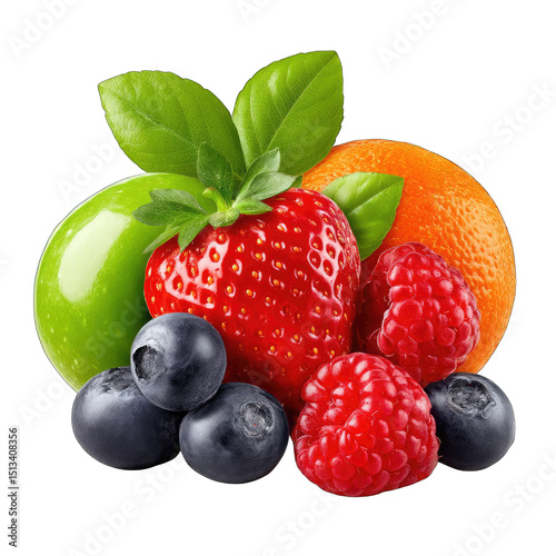 Close-up of a colorful assortment of fresh fruits including strawberries, raspberries, blueberries, orange slices, and green apples, all vibrant and glossy, with fresh basil leaves