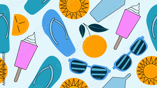 Vibrant Spring Break Seamless Pattern Sun, Flip-Flops, and Refreshing Treats