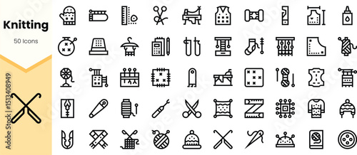 A collection of minimalistic knitting icons in black outline style, showcasing tools, patterns, and accessories used in knitting projects.