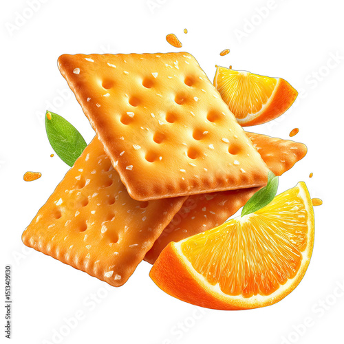 Orange-flavored crackers, stacked, with orange slices and splashes, on a black background