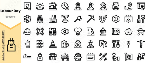 A diverse collection of labor-related icons, showcasing tools, symbols of professions, and decorative elements, all designed in a minimalist style.