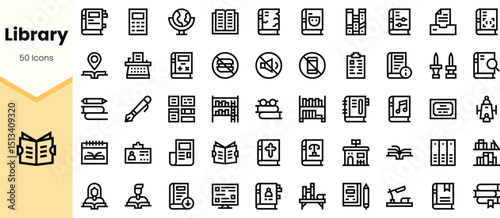 A collection of library-themed icons featuring books, stationery, and library tools in a sleek, minimalistic design.