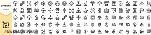 A diverse collection of life skills icons, featuring symbols for teamwork, planning, and personal development. Ideal for educational materials and workshops.