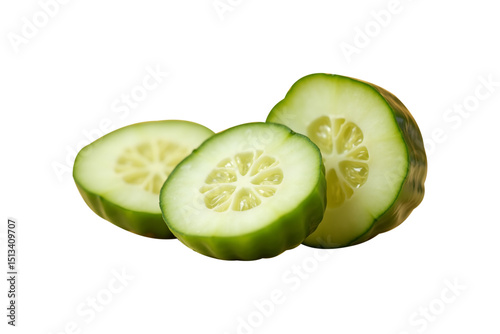 Cucumber slices on white background showing fresh green vegetable pieces