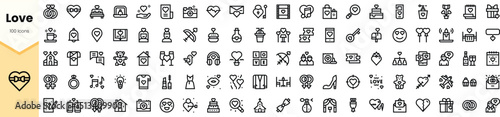 A collection of stylized love-themed icons, featuring symbols of romance, affection, and celebrations, arranged neatly for easy reference.