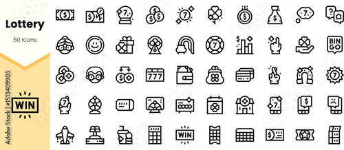 A collection of line art icons related to lotteries, showcasing games, symbols of luck, and winning elements in a minimalist style.