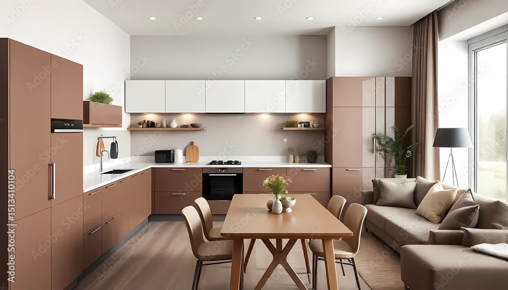 Fototapeta premium Modern color of the year 2025 Mocha Mousse, chocolate shades of Mocha Mousse. Brown walls, accent colors of furniture and a well-lit room. Elegant kitchen with large table and chairs 