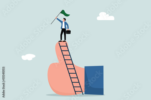 Success businessmen climb up ladder of success to the top holding winning flag standing on thumb up metaphor of great job or mission accomplish.