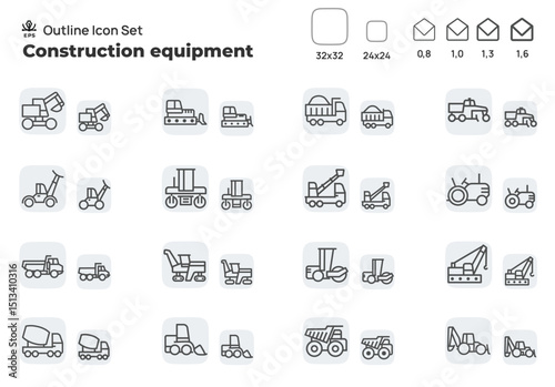 Construction and road equipment. Concept editable stroke outline icons set isolated on white background flat vector illustration. Pixel perfect
