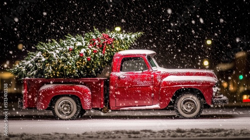 Snowy Night, Red Truck, Christmas Tree, City Lights, Holiday Card