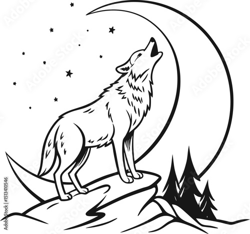 Black vector silhouette of a wild wolf howling at the moon against the night sky, ideal for nature and animal illustrations