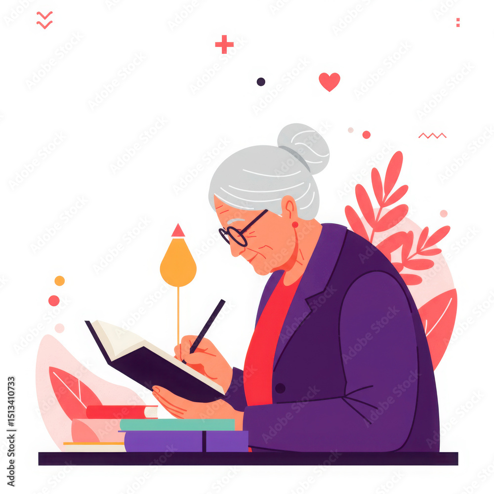 Fototapeta premium Elderly woman writing in journal while seated at a table with books 