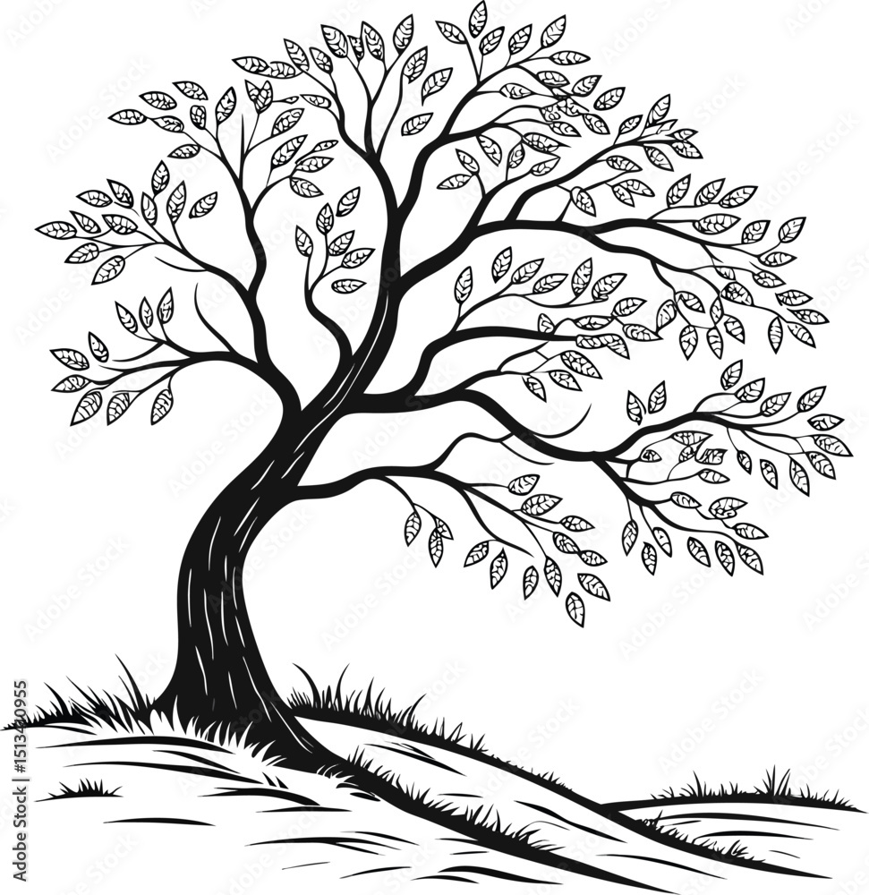 Obraz premium Black and white vector illustration of a tree silhouette with roots and branches, perfect for nature-inspired art and design