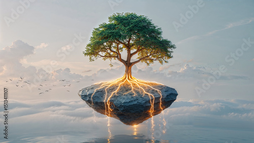 Lone Tree on Floating Rock – Peaceful Surreal Fantasy Scene