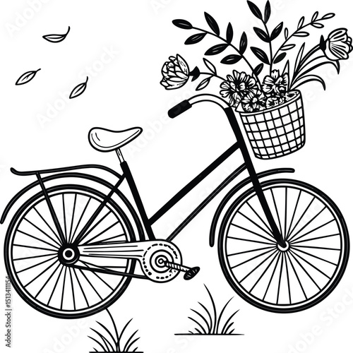A charming vintage bicycle with a basket of flowers, a perfect illustration of retro transport for a leisurely ride