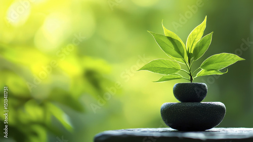 tranquil scene featuring small plant growing stacked stones, symbolizing harmony and nature beauty. soft green background enhances peaceful