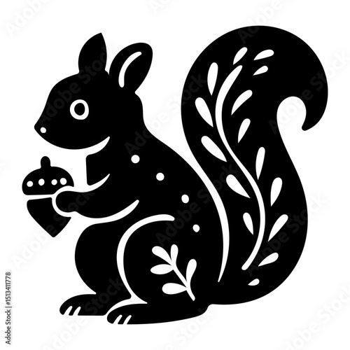 Rustic style figurine with a squirrel. Ethnic sticker. Bohemian animal silhouettes and floral patterns on Scandinavian style textiles. Handmade relief image of a squirrel in the style of linocut.