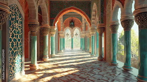 ornate hallway or corridor within an ancient palace, featuring Islamic architecture with patterned walls, numerous columns, grand arches, and sunlight streaming through, creating striking shadow