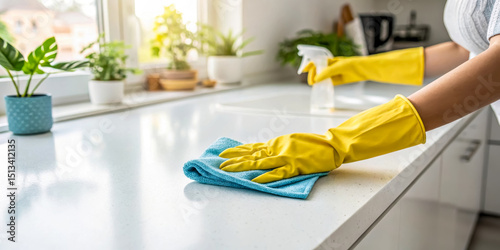 Cleaning service kitchen countertop cleaning gloves spray bottle rag