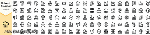 A diverse collection of monochrome icons representing various natural disasters, including thunderstorms, floods, earthquakes, and wildfires, ideal for educational purposes.