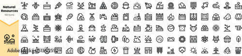 A diverse collection of line icons representing natural resources, including water, minerals, and agriculture, ideal for eco-friendly or educational projects.