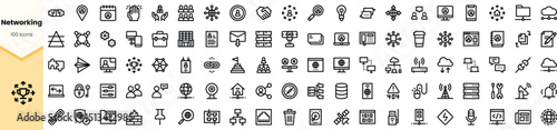 A diverse collection of black outline icons representing networking concepts, including people, communication, and technology, set against a light background.