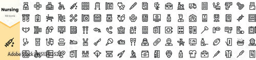 A collection of nursing icons featuring medical tools, health symbols, and caregiver imagery, perfect for healthcare design and educational materials.